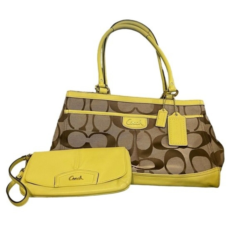 Coach Hampton Satchel Set w/ Wristlet Wallet. Signature w/ Yellow Leather Trim.